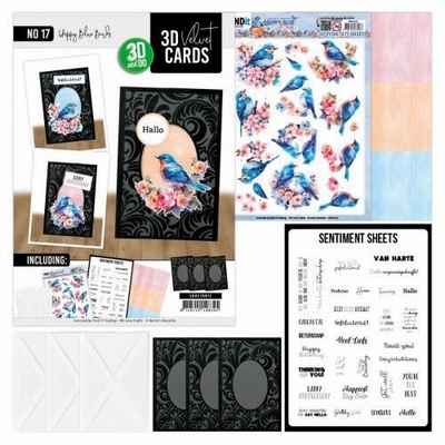 3DVC10017 3D Velvet Cards A6 - Happy Blue Birds